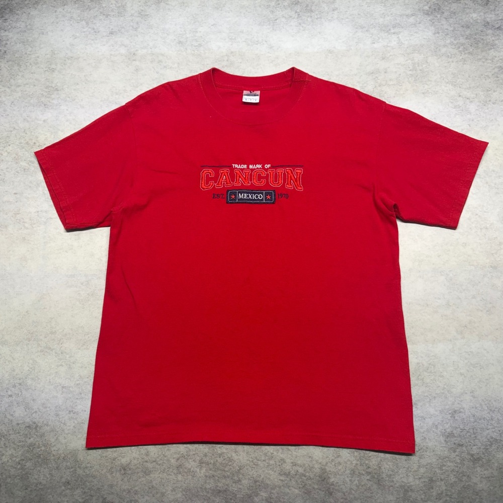 Vintage Cancun Mexico Graphic T-Shirt Red Yazbek Heavy Weight Mens Large Y2K